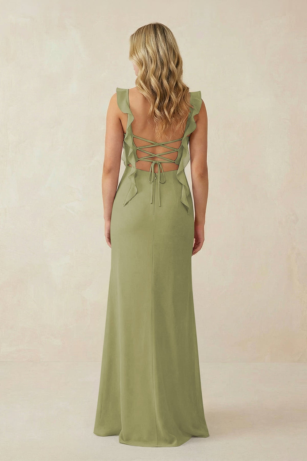 Ruffled Sleeve Ruched Sheath Chiffon Bridesmaid Dress in Moss Green - KissProm BRIDESMAID DRESSES