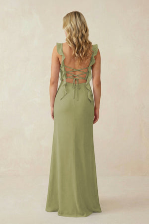 Ruffled Sleeve Ruched Sheath Chiffon Bridesmaid Dress in Moss Green - KissProm BRIDESMAID DRESSES