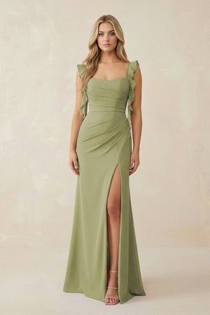 Ruffled Sleeve Ruched Sheath Chiffon Bridesmaid Dress in Moss Green - KissProm BRIDESMAID DRESSES