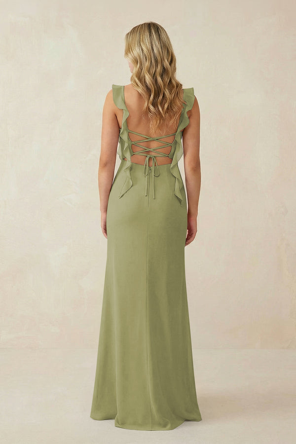 Ruffled Sleeve Ruched Sheath Chiffon Bridesmaid Dress in Moss Green - KissProm BRIDESMAID DRESSES