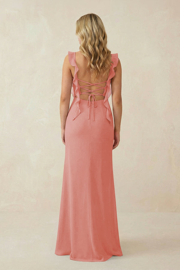 Ruffled Sleeve Ruched Sheath Chiffon Bridesmaid Dress in Mulberry - KissProm BRIDESMAID DRESSES