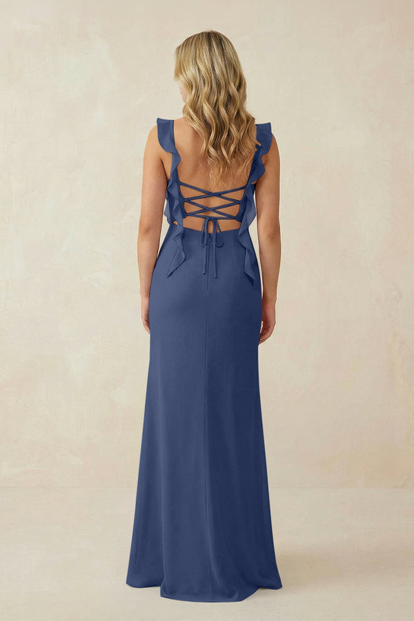 Ruffled Sleeve Ruched Sheath Chiffon Bridesmaid Dress in Navy - KissProm BRIDESMAID DRESSES