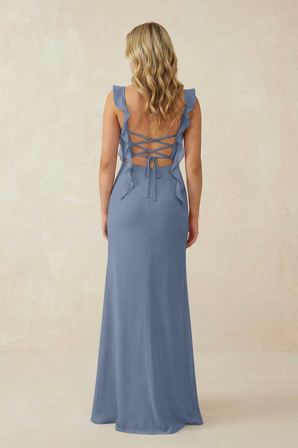 Ruffled Sleeve Ruched Sheath Chiffon Bridesmaid Dress in Neptune - KissProm BRIDESMAID DRESSES