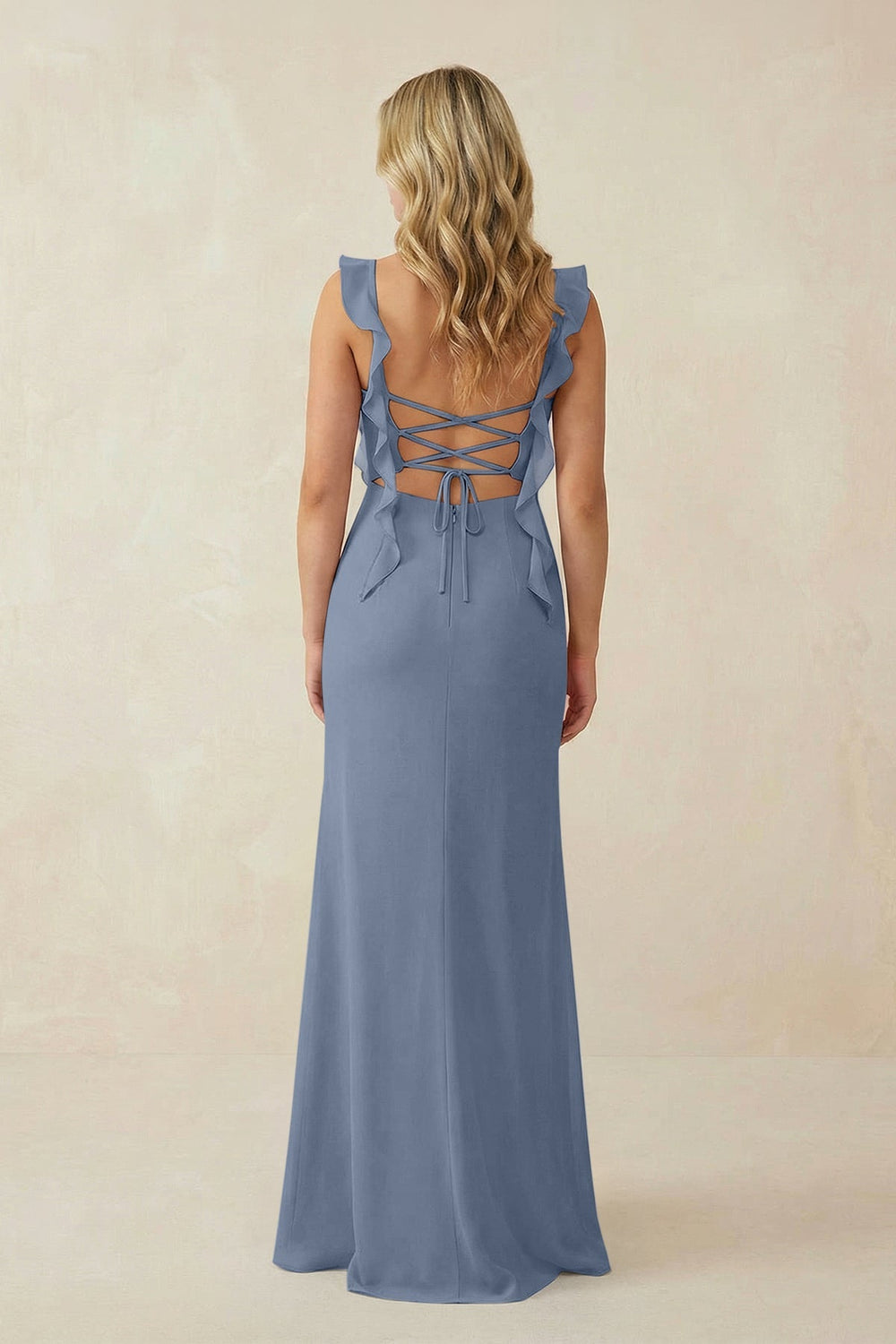 Ruffled Sleeve Ruched Sheath Chiffon Bridesmaid Dress in Neptune - KissProm BRIDESMAID DRESSES