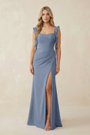 Ruffled Sleeve Ruched Sheath Chiffon Bridesmaid Dress in Neptune - KissProm BRIDESMAID DRESSES