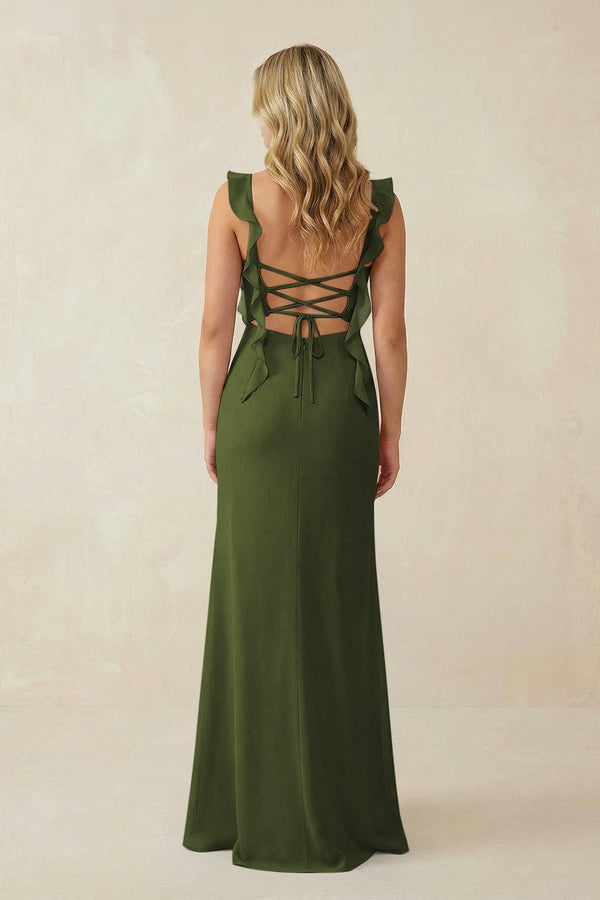 Ruffled Sleeve Ruched Sheath Chiffon Bridesmaid Dress in Olive - KissProm BRIDESMAID DRESSES