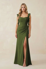 Ruffled Sleeve Ruched Sheath Chiffon Bridesmaid Dress in Olive - KissProm BRIDESMAID DRESSES