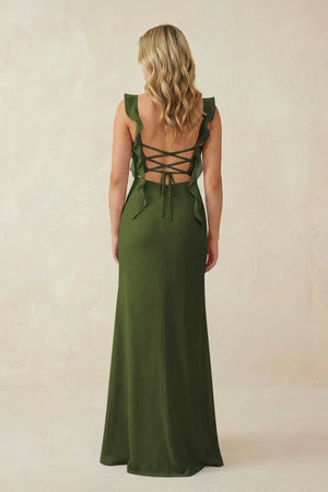 Ruffled Sleeve Ruched Sheath Chiffon Bridesmaid Dress in Olive - KissProm BRIDESMAID DRESSES
