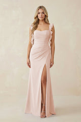Ruffled Sleeve Ruched Sheath Chiffon Bridesmaid Dress in Pale Blush - KissProm BRIDESMAID DRESSES