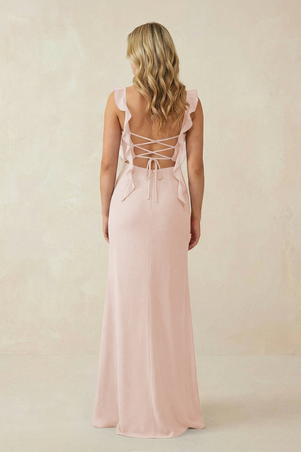 Ruffled Sleeve Ruched Sheath Chiffon Bridesmaid Dress in Pale Blush - KissProm BRIDESMAID DRESSES