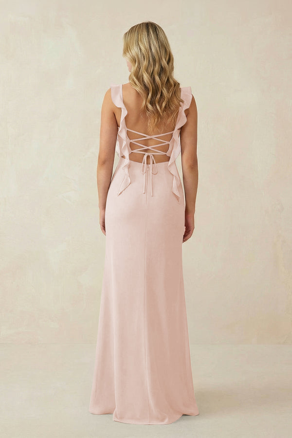 Ruffled Sleeve Ruched Sheath Chiffon Bridesmaid Dress in Pale Blush - KissProm BRIDESMAID DRESSES