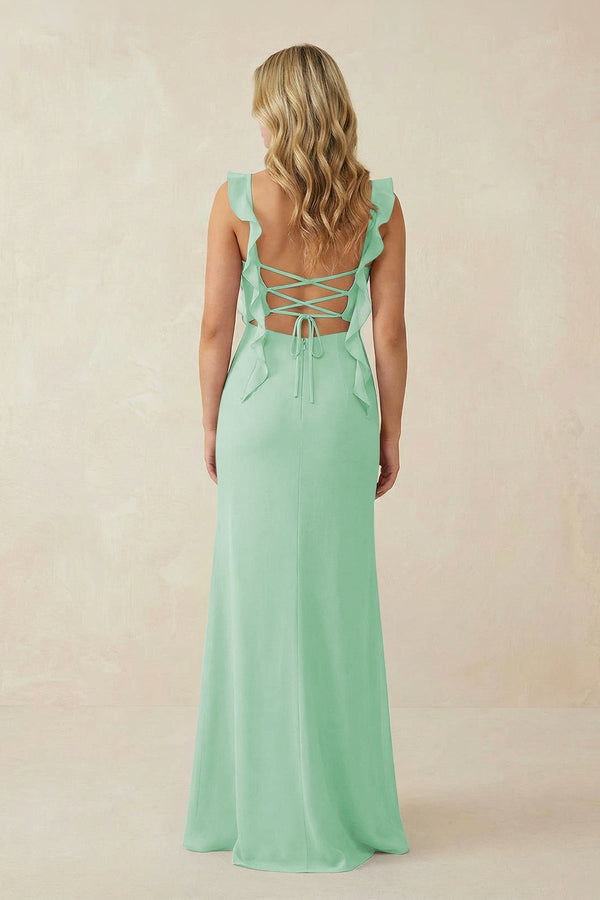 Ruffled Sleeve Ruched Sheath Chiffon Bridesmaid Dress in Pale Pistachio - KissProm BRIDESMAID DRESSES