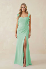 Ruffled Sleeve Ruched Sheath Chiffon Bridesmaid Dress in Pale Pistachio - KissProm BRIDESMAID DRESSES