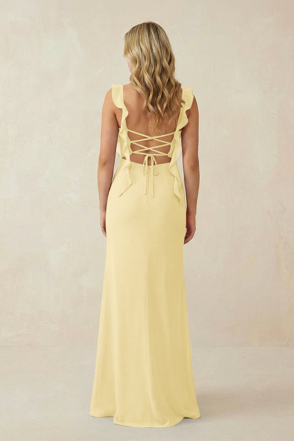 Ruffled Sleeve Ruched Sheath Chiffon Bridesmaid Dress in Pastel Yellow - KissProm BRIDESMAID DRESSES