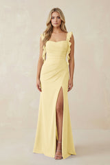 Ruffled Sleeve Ruched Sheath Chiffon Bridesmaid Dress in Pastel Yellow - KissProm BRIDESMAID DRESSES