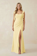 Ruffled Sleeve Ruched Sheath Chiffon Bridesmaid Dress in Pastel Yellow - KissProm BRIDESMAID DRESSES