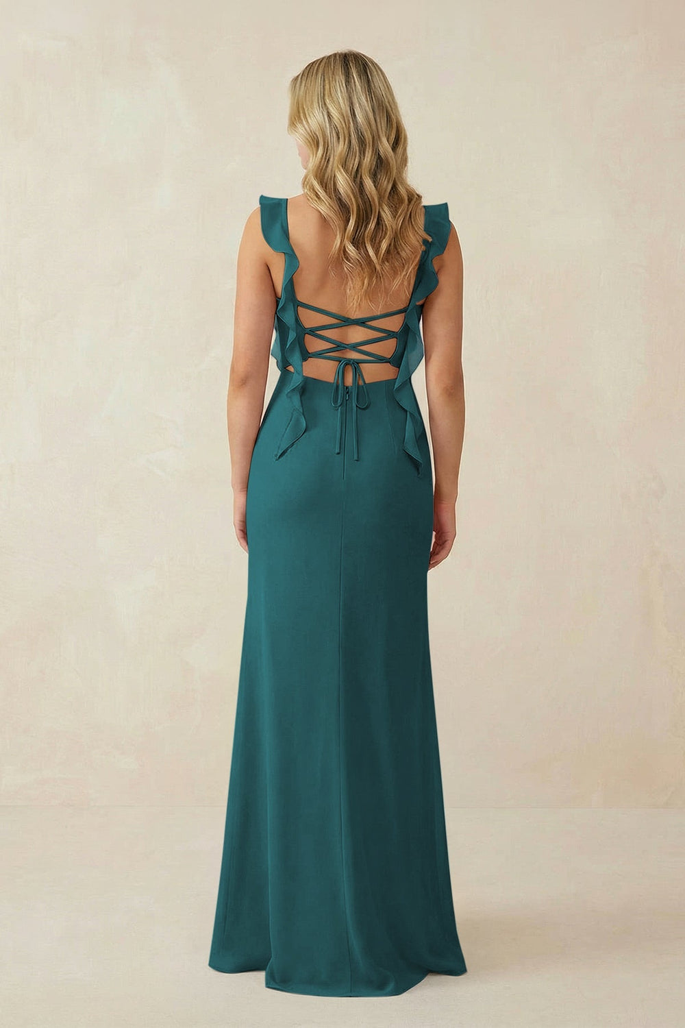 Ruffled Sleeve Ruched Sheath Chiffon Bridesmaid Dress in Pine - KissProm BRIDESMAID DRESSES