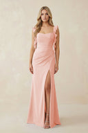 Ruffled Sleeve Ruched Sheath Chiffon Bridesmaid Dress in Rose Petal - KissProm BRIDESMAID DRESSES