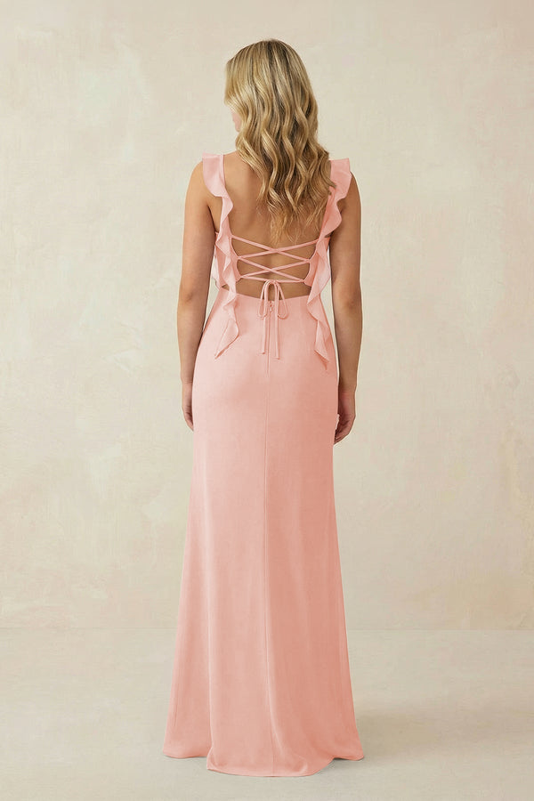 Ruffled Sleeve Ruched Sheath Chiffon Bridesmaid Dress in Rose Petal - KissProm BRIDESMAID DRESSES