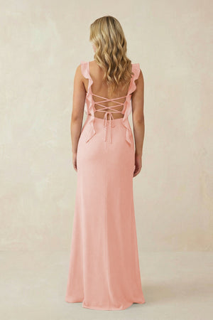 Ruffled Sleeve Ruched Sheath Chiffon Bridesmaid Dress in Rose Petal - KissProm BRIDESMAID DRESSES