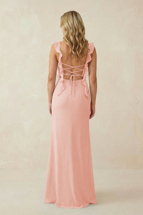 Ruffled Sleeve Ruched Sheath Chiffon Bridesmaid Dress in Rose Petal - KissProm BRIDESMAID DRESSES