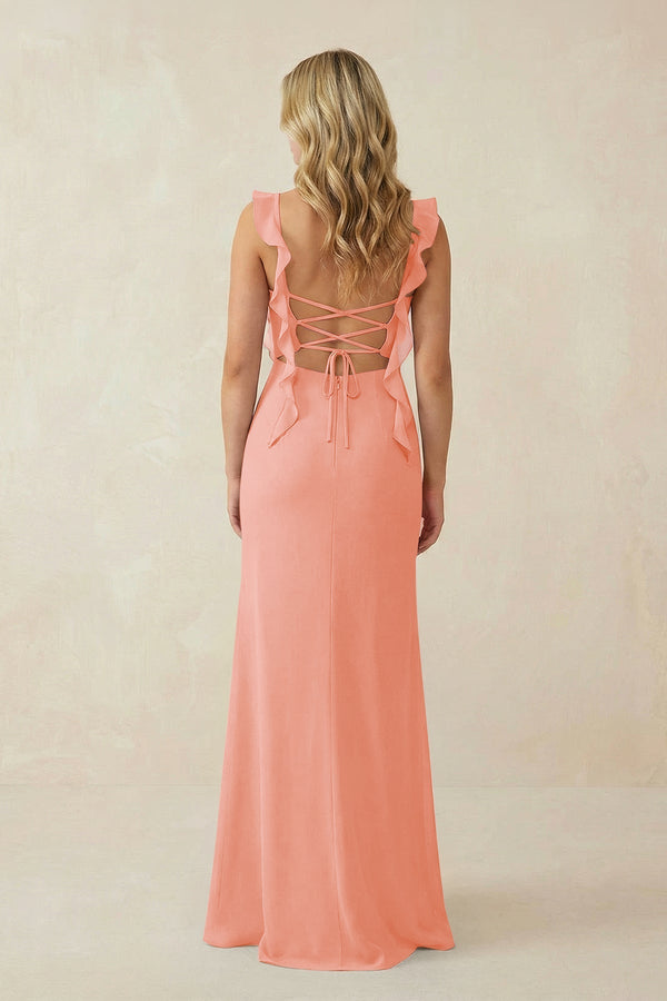 Ruffled Sleeve Ruched Sheath Chiffon Bridesmaid Dress in Rosette - KissProm BRIDESMAID DRESSES