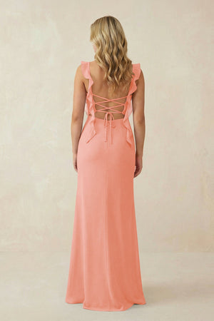 Ruffled Sleeve Ruched Sheath Chiffon Bridesmaid Dress in Rosette - KissProm BRIDESMAID DRESSES