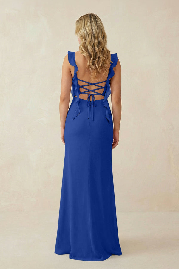 Ruffled Sleeve Ruched Sheath Chiffon Bridesmaid Dress in Royal Blue - KissProm BRIDESMAID DRESSES