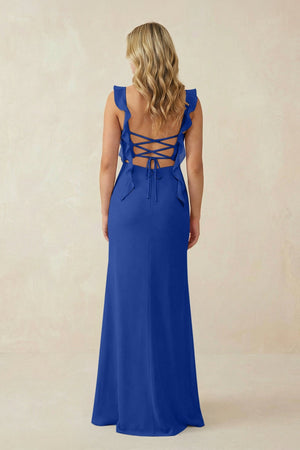 Ruffled Sleeve Ruched Sheath Chiffon Bridesmaid Dress in Royal Blue - KissProm BRIDESMAID DRESSES