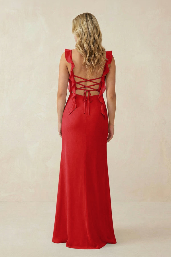 Ruffled Sleeve Ruched Sheath Chiffon Bridesmaid Dress in Ruby Red - KissProm BRIDESMAID DRESSES
