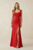 Ruffled Sleeve Ruched Sheath Chiffon Bridesmaid Dress in Ruby Red - KissProm BRIDESMAID DRESSES
