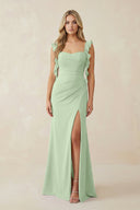 Ruffled Sleeve Ruched Sheath Chiffon Bridesmaid Dress in Sage - KissProm BRIDESMAID DRESSES