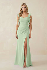 Ruffled Sleeve Ruched Sheath Chiffon Bridesmaid Dress in Sage - KissProm BRIDESMAID DRESSES