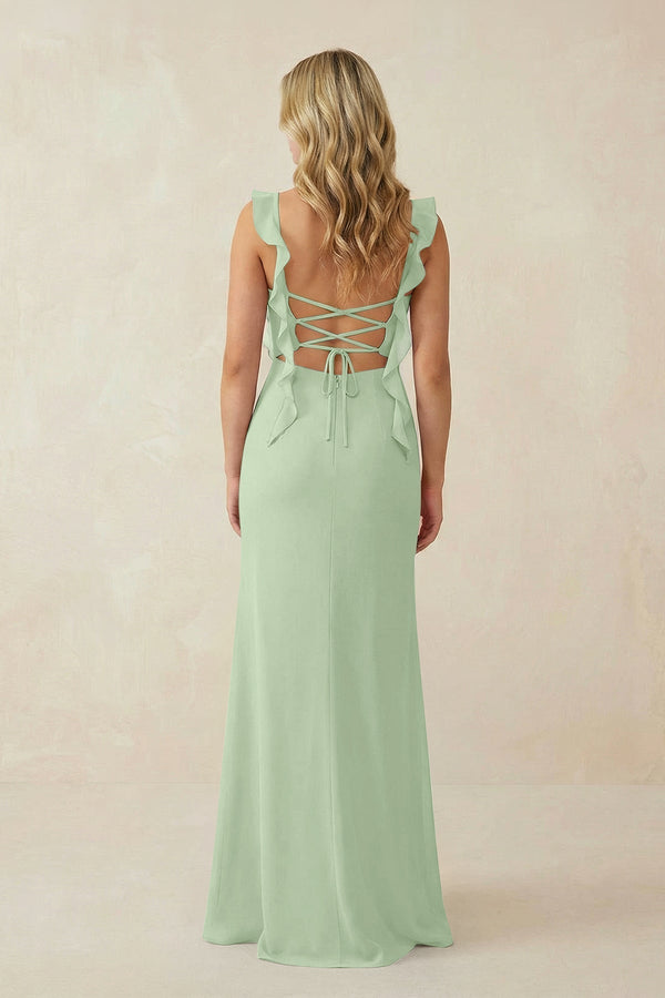 Ruffled Sleeve Ruched Sheath Chiffon Bridesmaid Dress in Sage - KissProm BRIDESMAID DRESSES