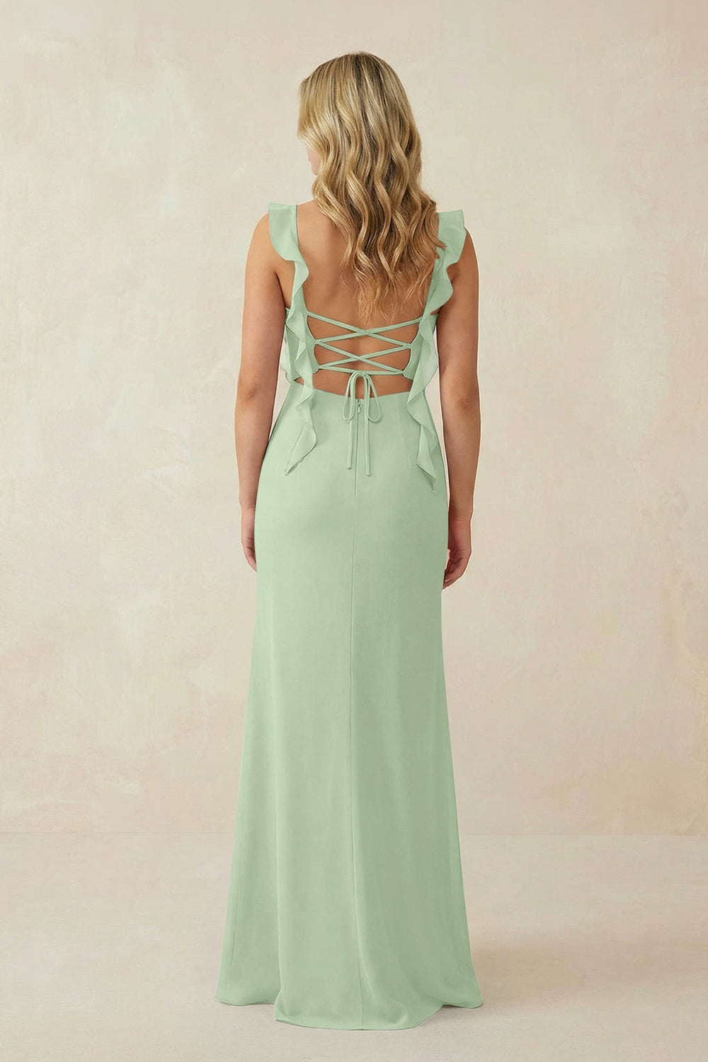 Ruffled Sleeve Ruched Sheath Chiffon Bridesmaid Dress in Sage - KissProm BRIDESMAID DRESSES