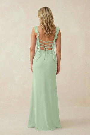Ruffled Sleeve Ruched Sheath Chiffon Bridesmaid Dress in Sage - KissProm BRIDESMAID DRESSES