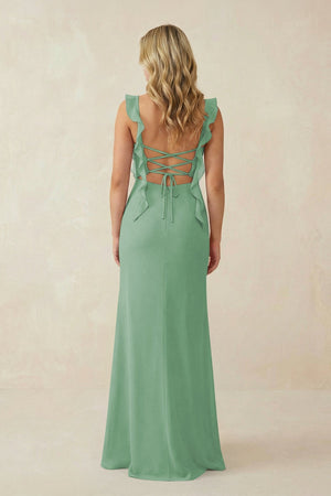 Ruffled Sleeve Ruched Sheath Chiffon Bridesmaid Dress in Sea Glass - KissProm BRIDESMAID DRESSES