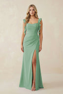Ruffled Sleeve Ruched Sheath Chiffon Bridesmaid Dress in Sea Glass - KissProm BRIDESMAID DRESSES