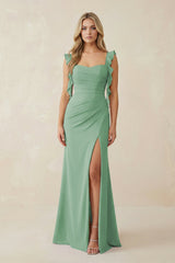 Ruffled Sleeve Ruched Sheath Chiffon Bridesmaid Dress in Sea Glass - KissProm BRIDESMAID DRESSES