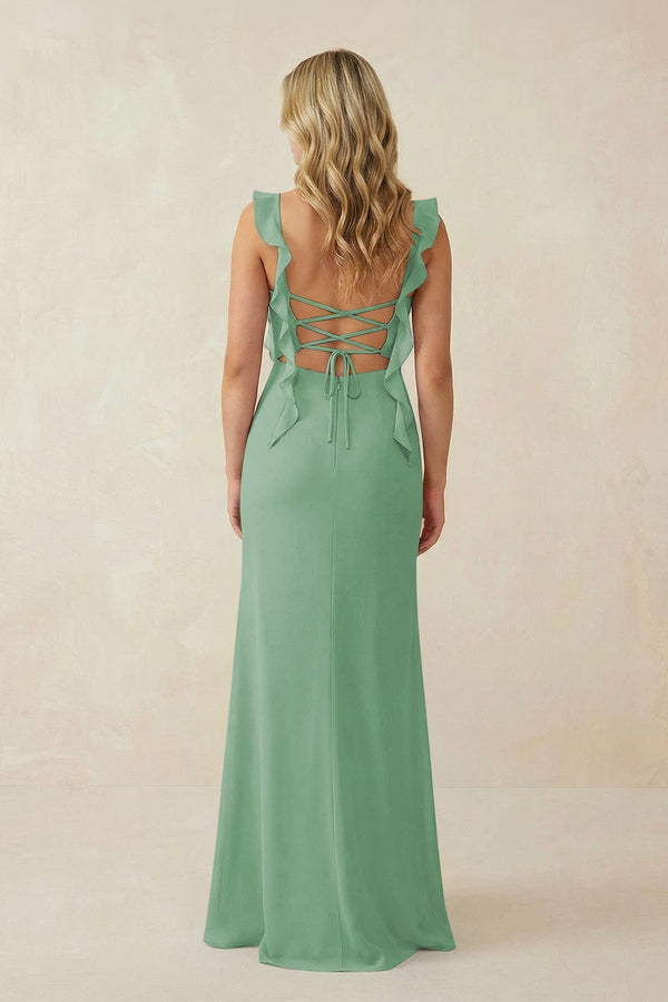 Ruffled Sleeve Ruched Sheath Chiffon Bridesmaid Dress in Sea Glass - KissProm BRIDESMAID DRESSES