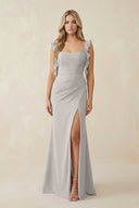 Ruffled Sleeve Ruched Sheath Chiffon Bridesmaid Dress in Silver - KissProm BRIDESMAID DRESSES