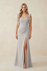 Ruffled Sleeve Ruched Sheath Chiffon Bridesmaid Dress in Silver - KissProm BRIDESMAID DRESSES