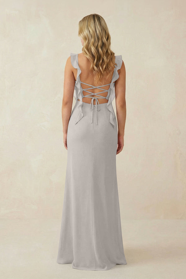 Ruffled Sleeve Ruched Sheath Chiffon Bridesmaid Dress in Silver - KissProm BRIDESMAID DRESSES