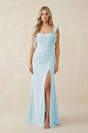 Ruffled Sleeve Ruched Sheath Chiffon Bridesmaid Dress in Sky Blue - KissProm BRIDESMAID DRESSES