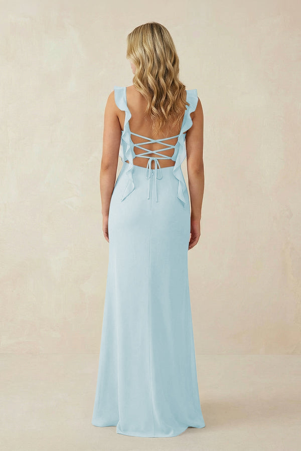Ruffled Sleeve Ruched Sheath Chiffon Bridesmaid Dress in Sky Blue - KissProm BRIDESMAID DRESSES