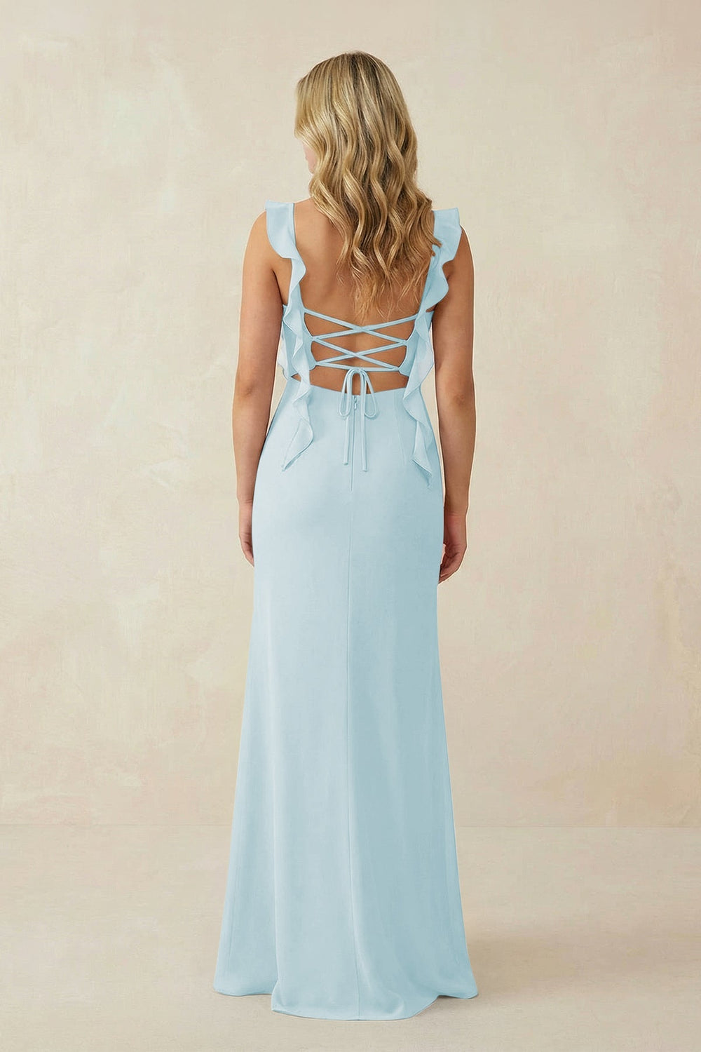 Ruffled Sleeve Ruched Sheath Chiffon Bridesmaid Dress in Sky Blue - KissProm BRIDESMAID DRESSES
