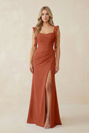 Ruffled Sleeve Ruched Sheath Chiffon Bridesmaid Dress in Spice - KissProm BRIDESMAID DRESSES