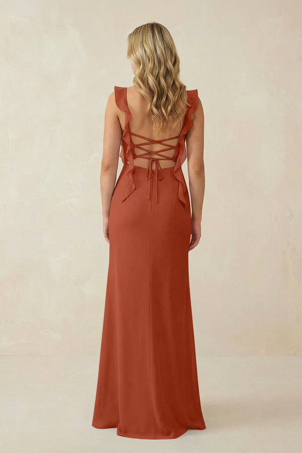 Ruffled Sleeve Ruched Sheath Chiffon Bridesmaid Dress in Spice - KissProm BRIDESMAID DRESSES