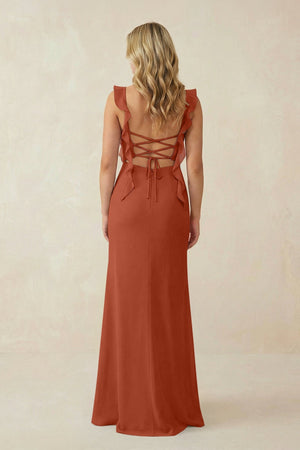 Ruffled Sleeve Ruched Sheath Chiffon Bridesmaid Dress in Spice - KissProm BRIDESMAID DRESSES