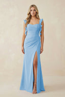 Ruffled Sleeve Ruched Sheath Chiffon Bridesmaid Dress in Steel Blue - KissProm BRIDESMAID DRESSES